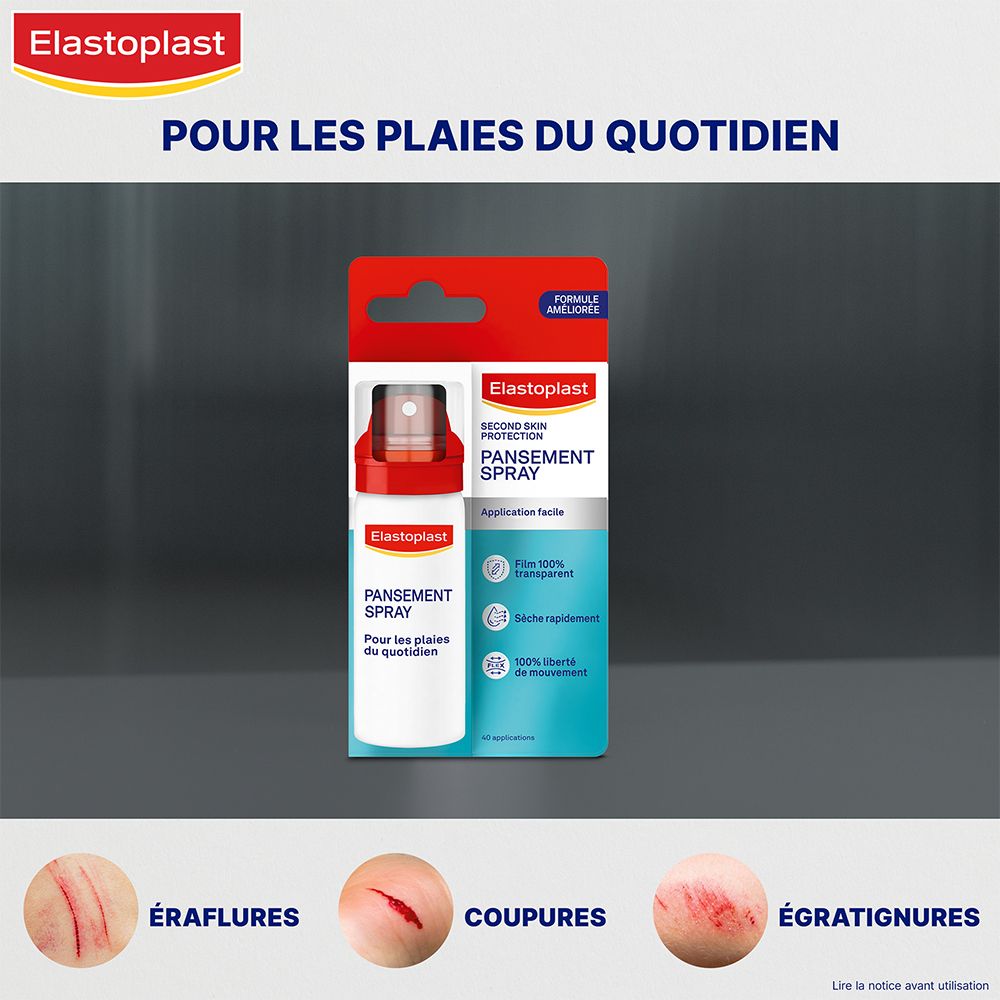 Elastoplast Sprayverband in verpakking. Rode en witte fles met sproeikop. Voor dagelijkse wonden.