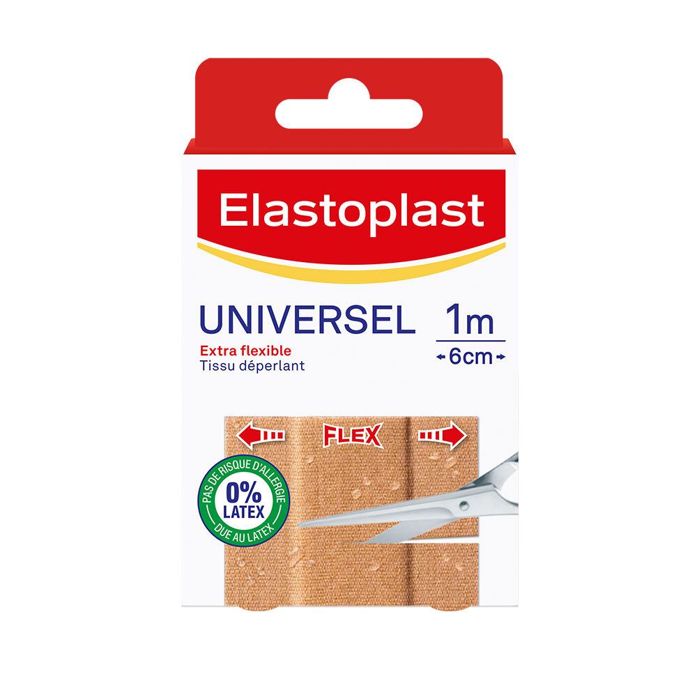 Boîte Elastoplast. Pansement universel extra flexible, 1 m x 6 cm. 0% latex. Pansement beige avec symbole Flex.