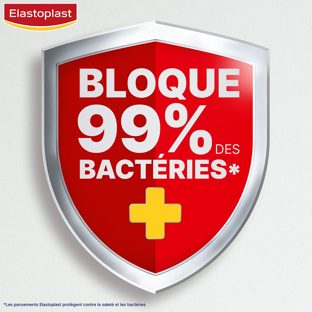 Écusson avec texte: Bloque 99% des bactéries. Croix jaune.