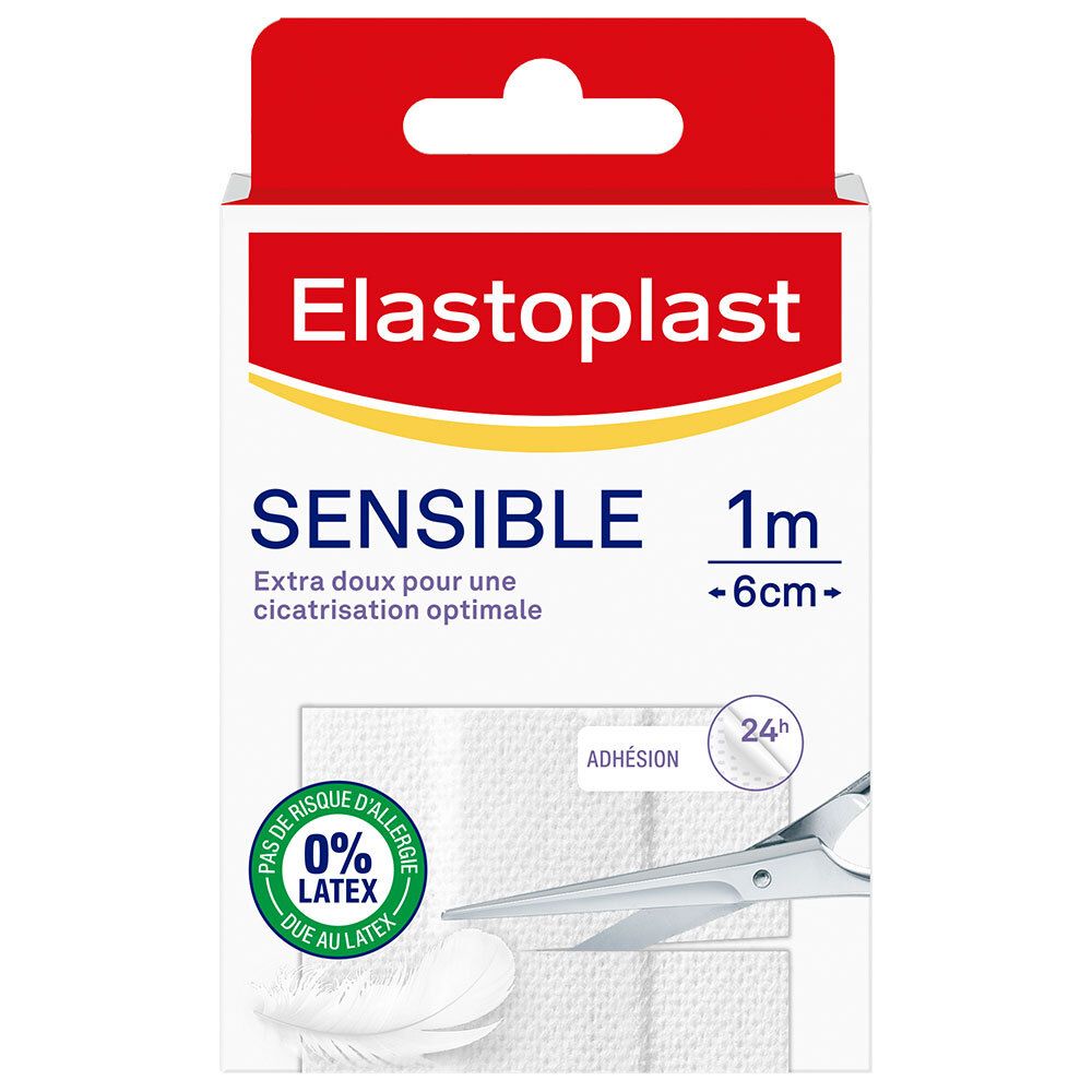 Boîte de pansements Elastoplast Sensible. Informations produit, 6cm x 1m. 0% latex. Ciseaux et pansements.