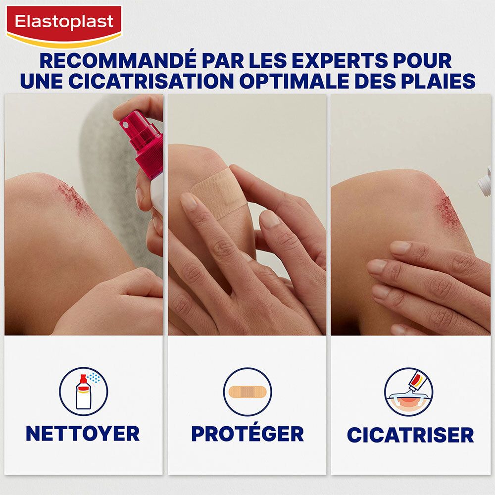 Trois images: Nettoyer, Protéger, Cicatriser. Étapes de soin des plaies avec spray, pansement, crème.