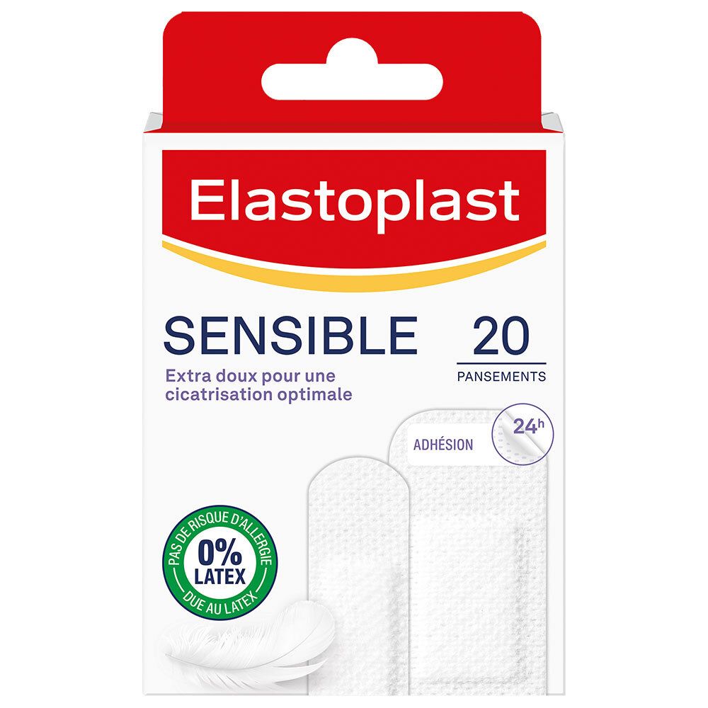 Boîte de 20 pansements Elastoplast Sensible. Hypoallergénique, haute tolérance cutanée. 0% latex. Pansements blancs.