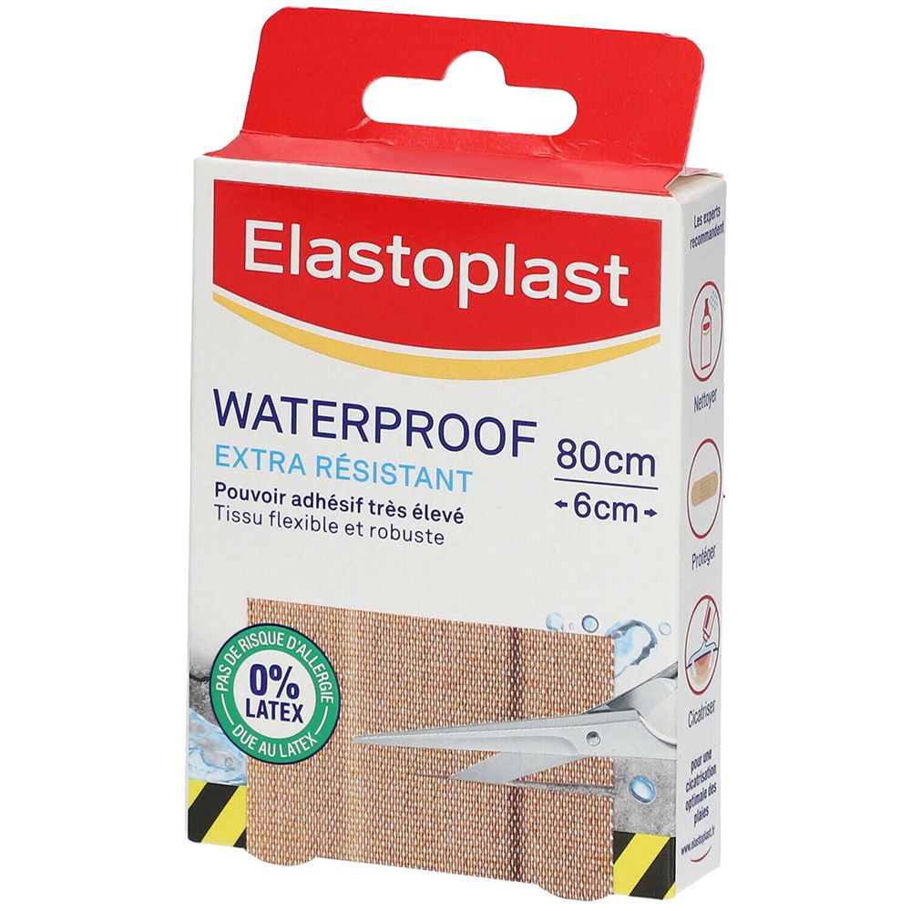 Boîte Elastoplast. Waterproof Extra Résistant. 80cm x 6cm. 0% latex. Pansements beiges sur l'emballage.