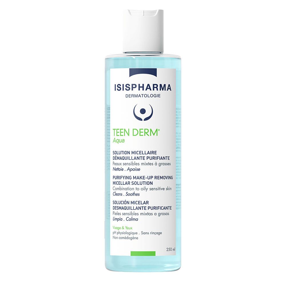 Huidverzorgingsoplossing Teen Derm Aqua van ISISPHARMA. Fles met blauwe inhoud, witte dop en etiket met productinformatie.