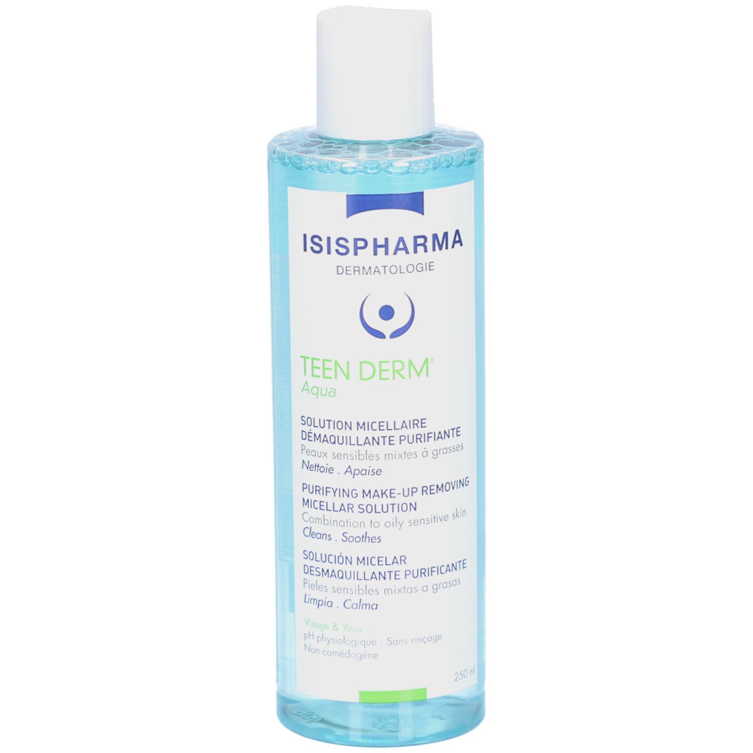 Huidverzorgingsoplossing Teen Derm Aqua van ISISPHARMA. Fles met blauwe inhoud, witte dop en etiket met productinformatie.