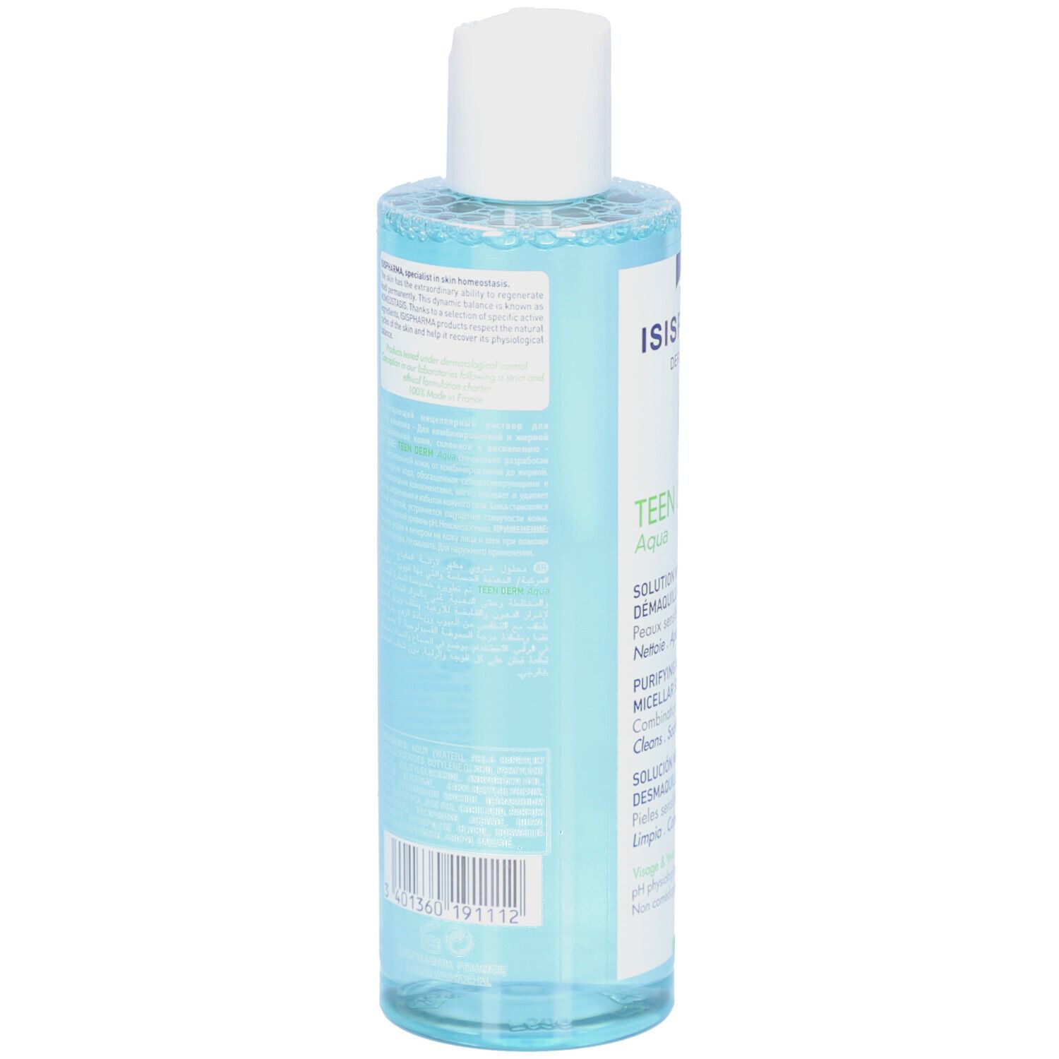 Achteraanzicht van de huidverzorgingsoplossing Teen Derm Aqua. Fles met blauwe inhoud, witte dop en etiket.