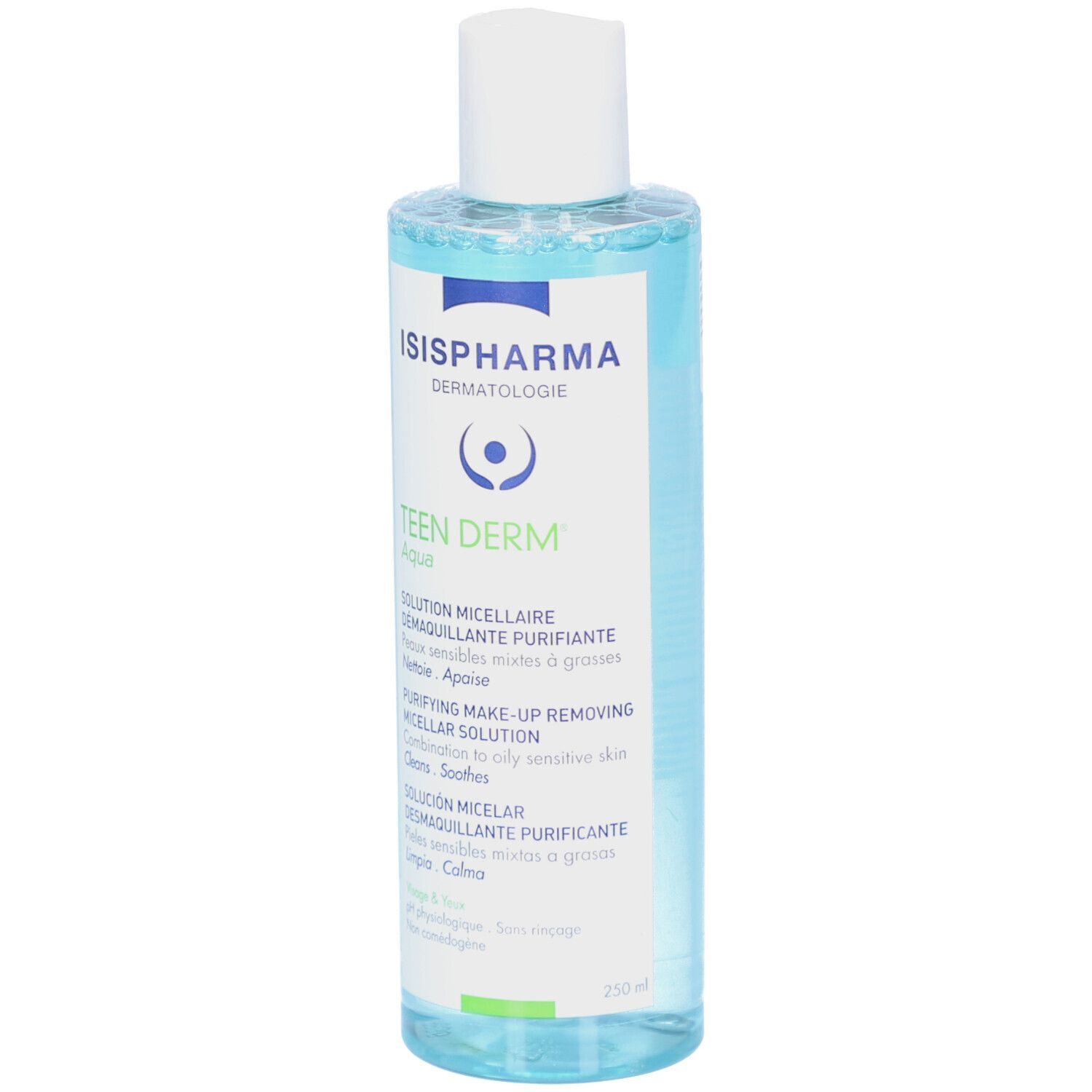 Huidverzorgingsoplossing Teen Derm Aqua van ISISPHARMA. Fles met blauwe inhoud, witte dop en etiket met productinformatie.