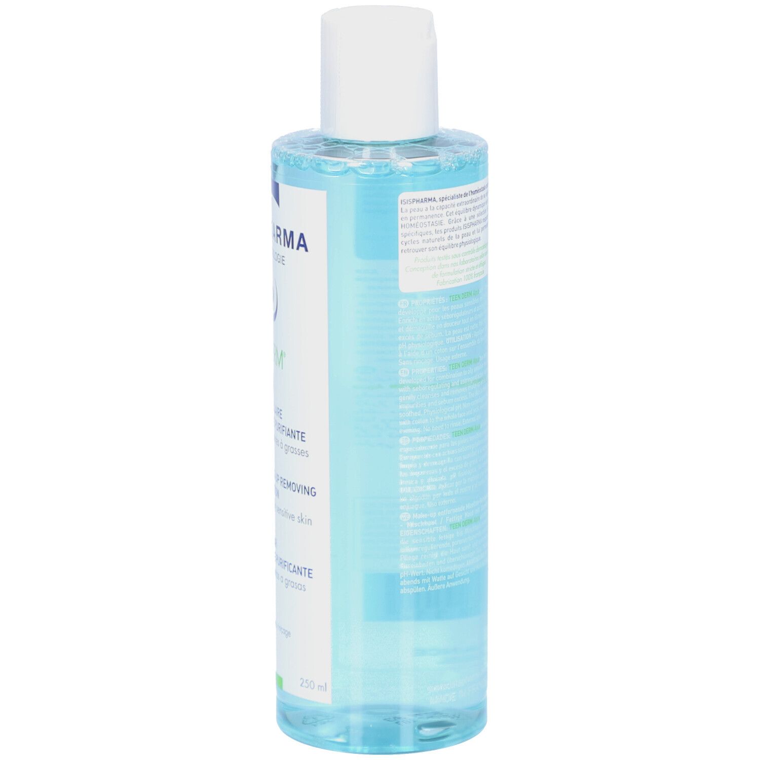 Achteraanzicht van de huidverzorgingsoplossing Teen Derm Aqua. Fles met blauwe inhoud, witte dop en etiket.