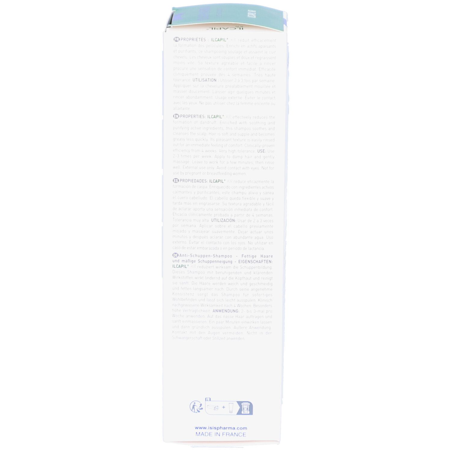 Verpakking. Witte doos met groene deksel. Opschrift: ISISPHARMA, ILCAPIL KR. Tekst in meerdere talen.