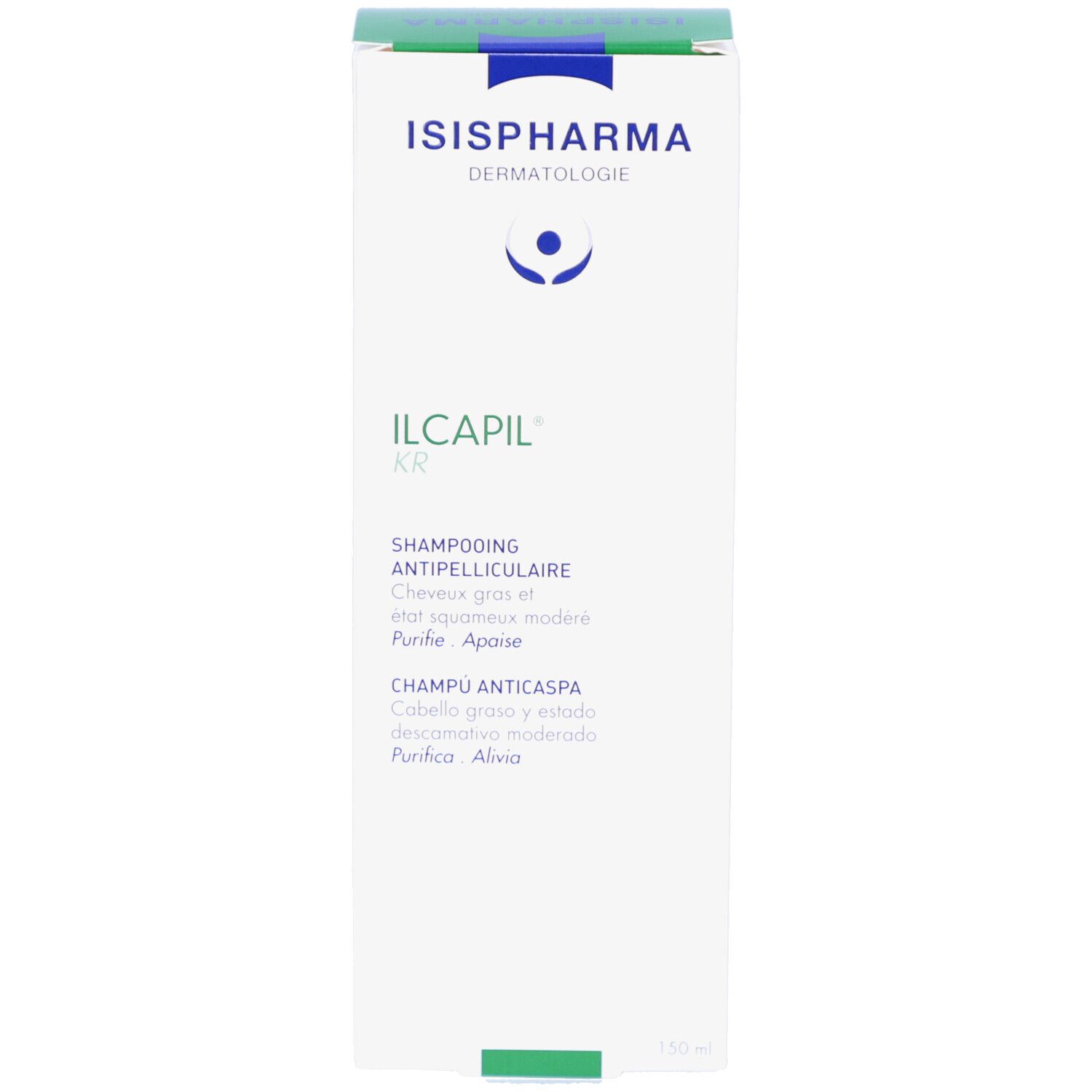 Verpakking. Witte doos met groene deksel. Opschrift: ISISPHARMA, ILCAPIL KR. Tekst in meerdere talen.