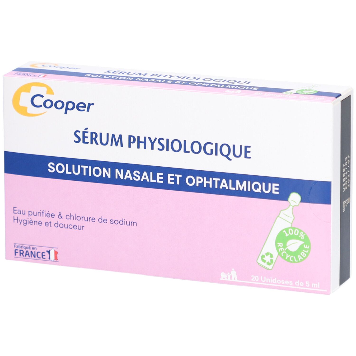 Boîte de Sérum Physiologique Cooper. Rose et blanche, avec logo et nom du produit. 20 unidoses.