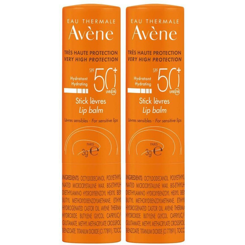Twee oranje lippenbalsems naast elkaar. Opschrift: Avène, SPF 50+, Stick lèvres, 3g.