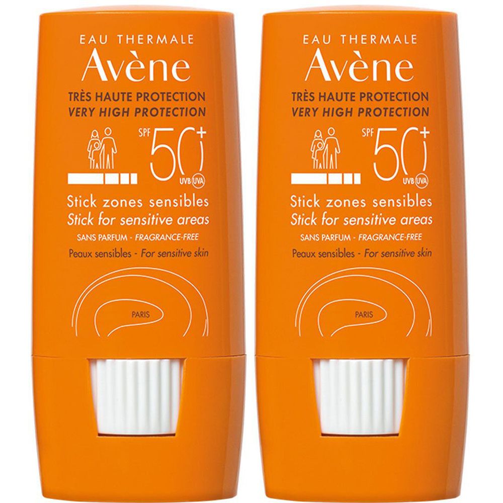 Twee oranje zonnesticks naast elkaar. Opschrift: Avène, SPF 50+, Stick zones sensibles.