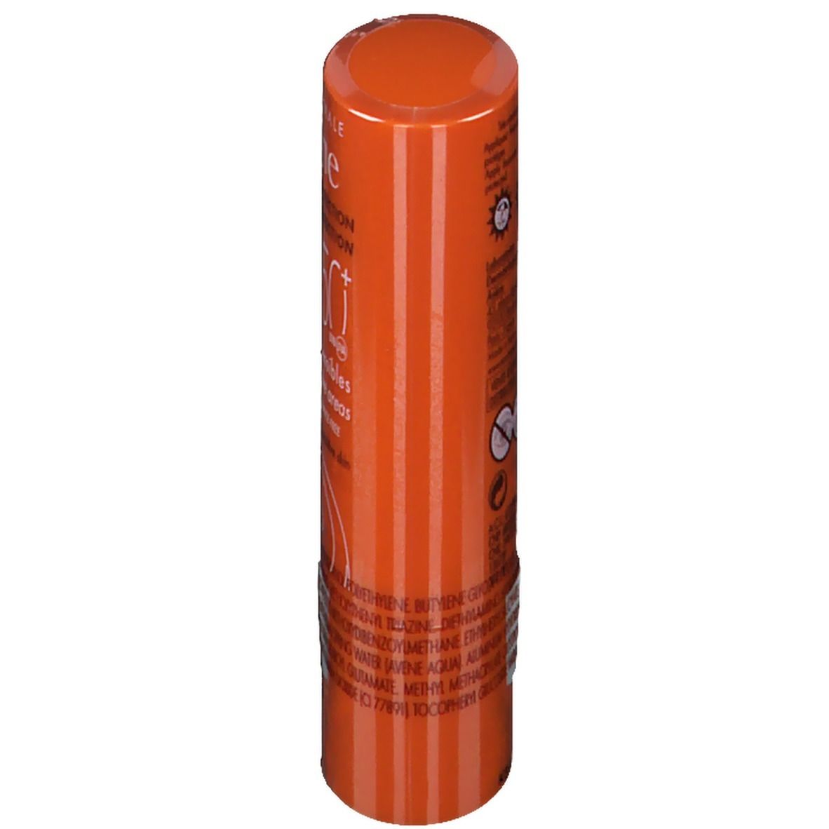 Cilindrische, oranje zonnestick. Opschrift: Avène, SPF 50+, Ingrediënten.