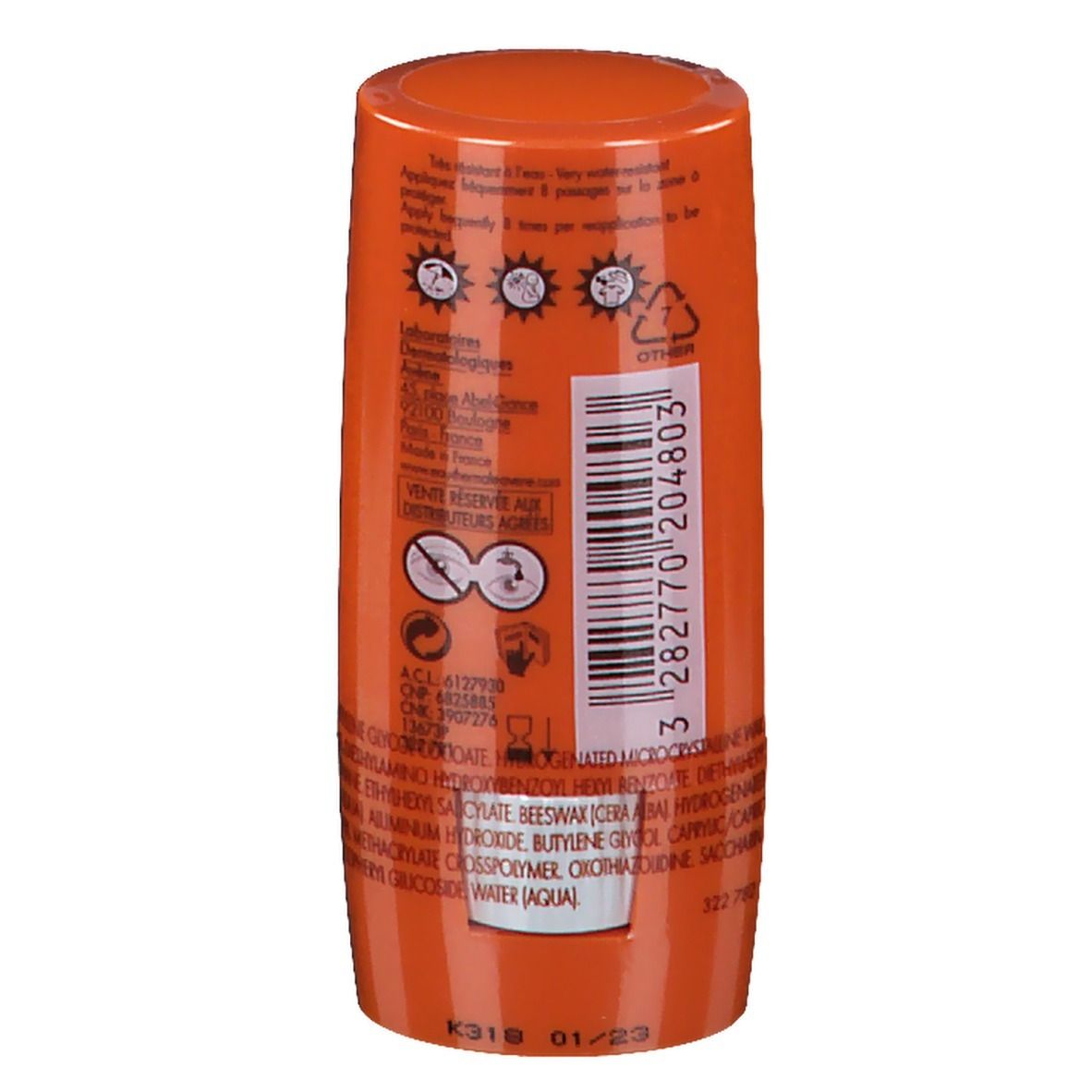 Achterkant van een oranje zonnestick. Opschrift: Avène, Ingrediënten, pictogrammen.