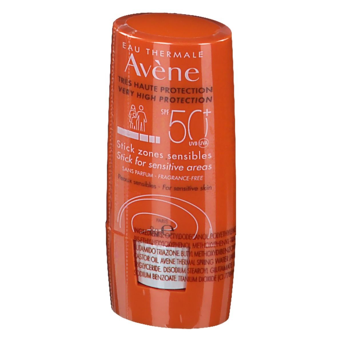 Oranje zonnestick. Opschrift: Avène, SPF 50+, Ingrediënten.