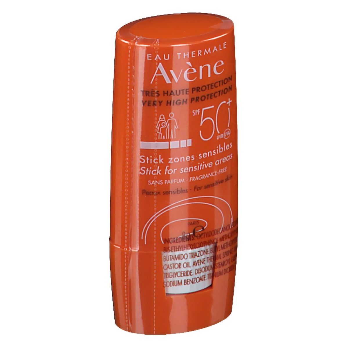 Oranje zonnestick. Opschrift: Avène, SPF 50+, Ingrediënten.