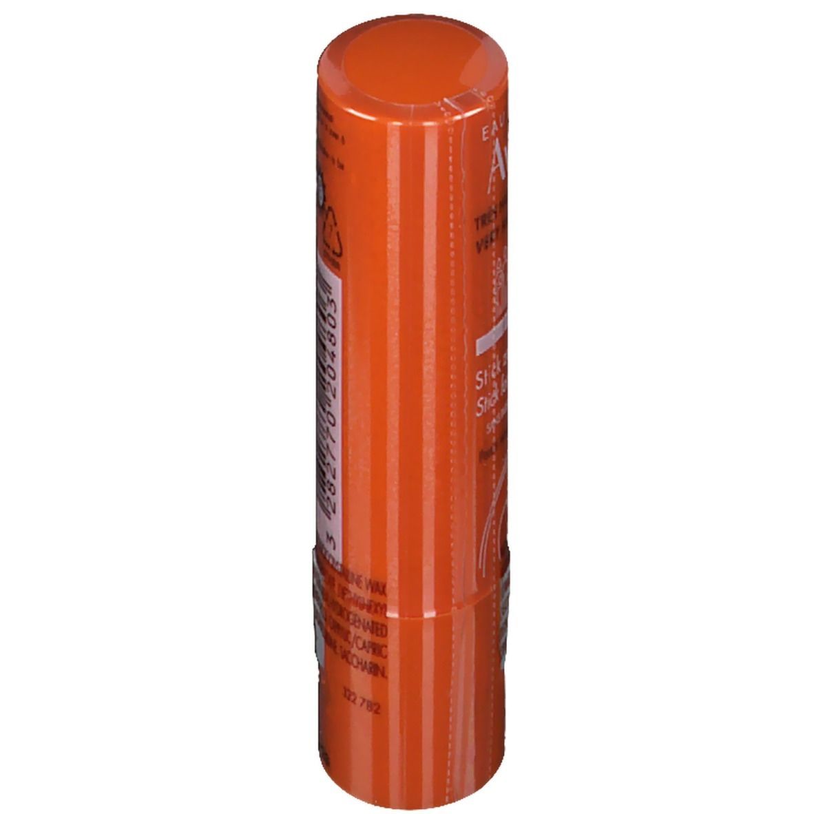 Cilindrische, oranje zonnestick. Opschrift: Avène, SPF 50+, Ingrediënten.