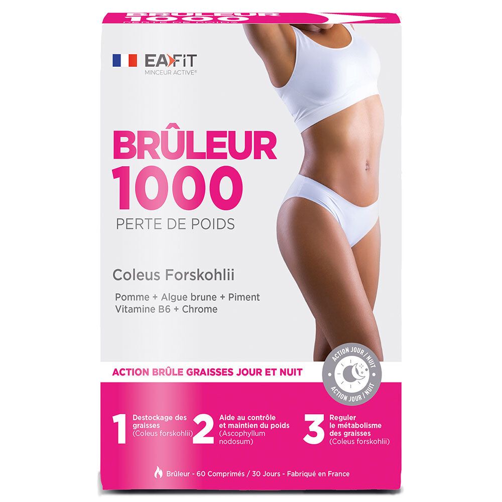 Boîte EA Fit Brûleur 1000. Design rose et blanc avec nom du produit et ingrédients. Une femme est représentée.