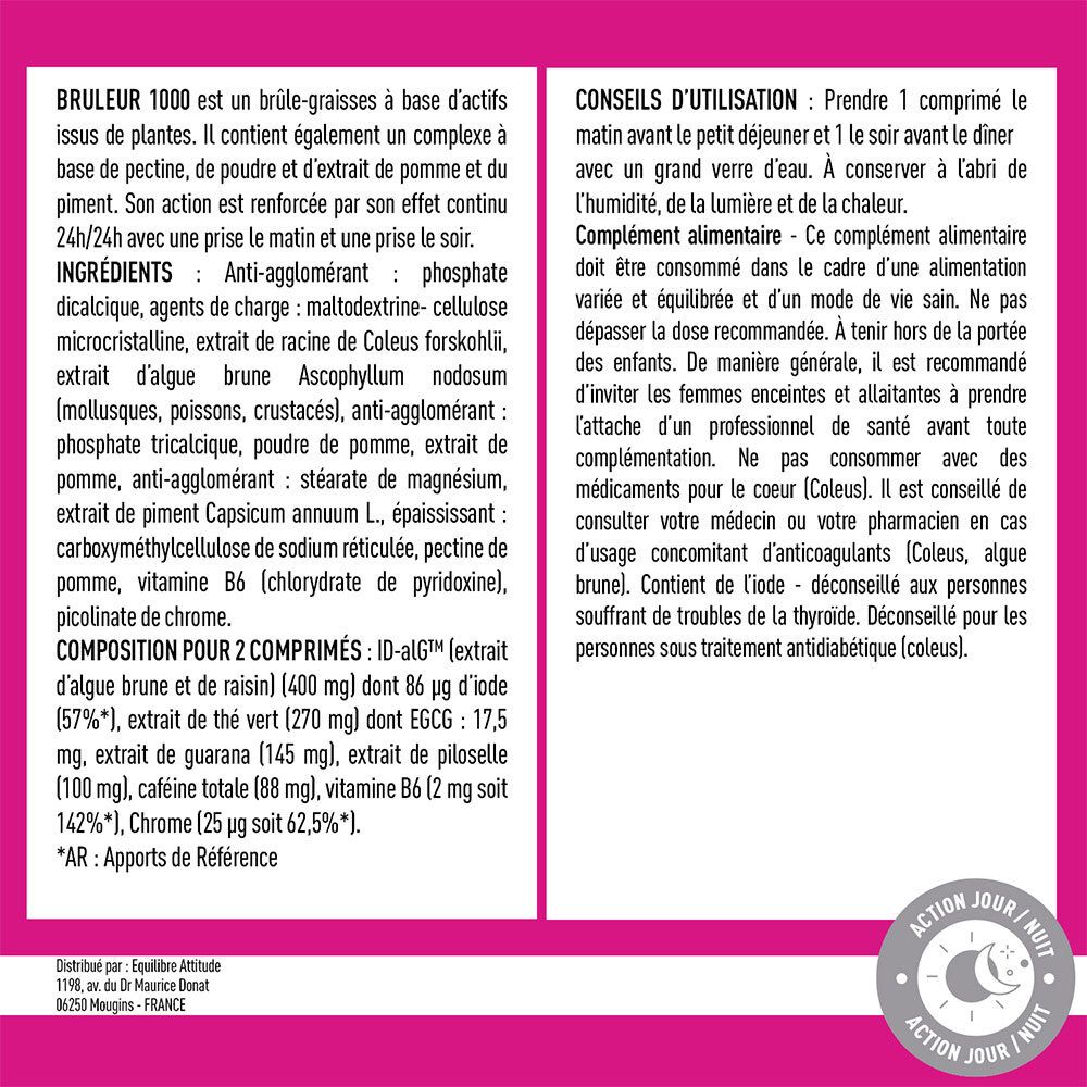Texte en français détaillant les ingrédients et les conseils d'utilisation du EA Fit Brûleur 1000.