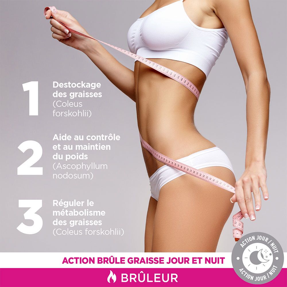 Femme avec un mètre ruban autour de la taille. Texte sur les bénéfices du EA Fit Brûleur 1000: déstockage, contrôle du poids, métabolisme.