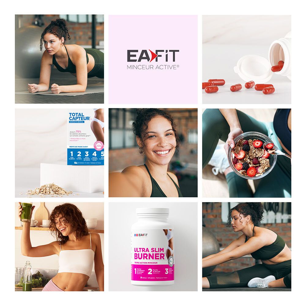 Collage d'images. Logo EA Fit. Images de sport, nourriture et emballage du produit.