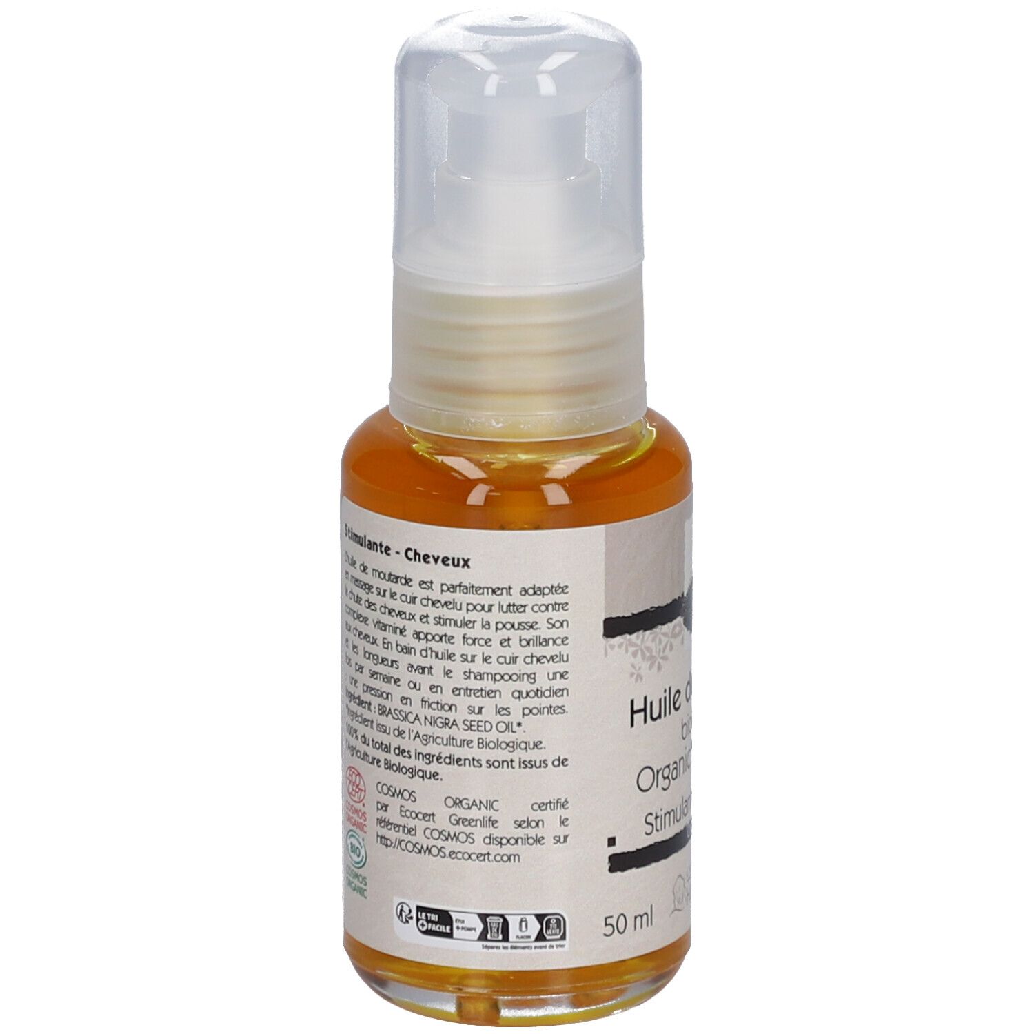 Heldere olie in een fles met sproeikop. Etiket met tekst en logo's. Biologische certificering.