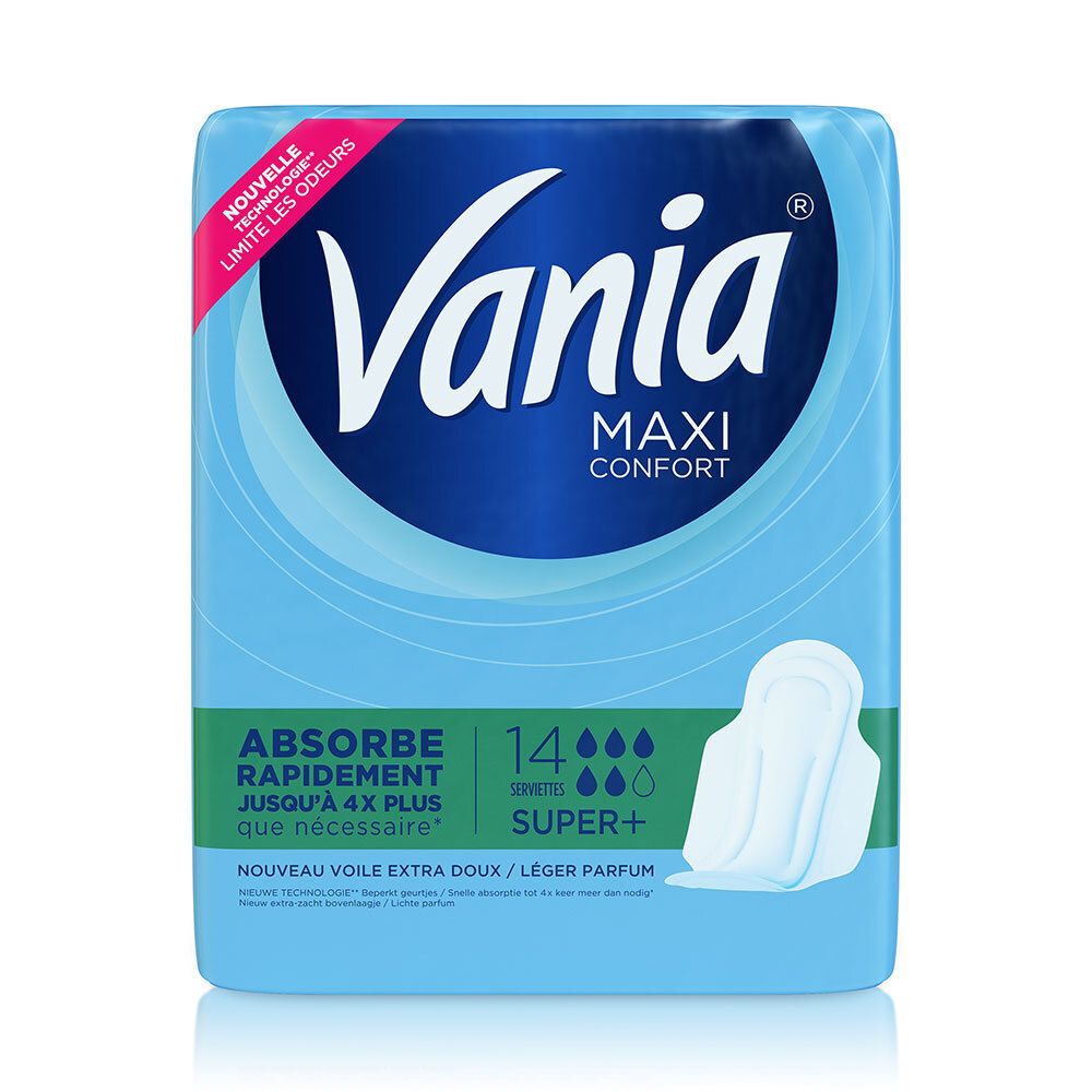 Blauw pak Vania Maxi Confort. Bevat 14 Super Plus maandverbanden. Tekst: Absorbeert snel, beperkt geurtjes.
