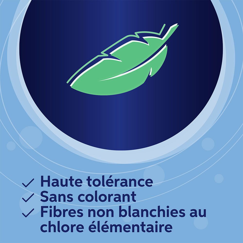 Groen blad-symbool. Tekst: Hoge tolerantie, zonder kleurstof, elementair chloorvrije vezels.