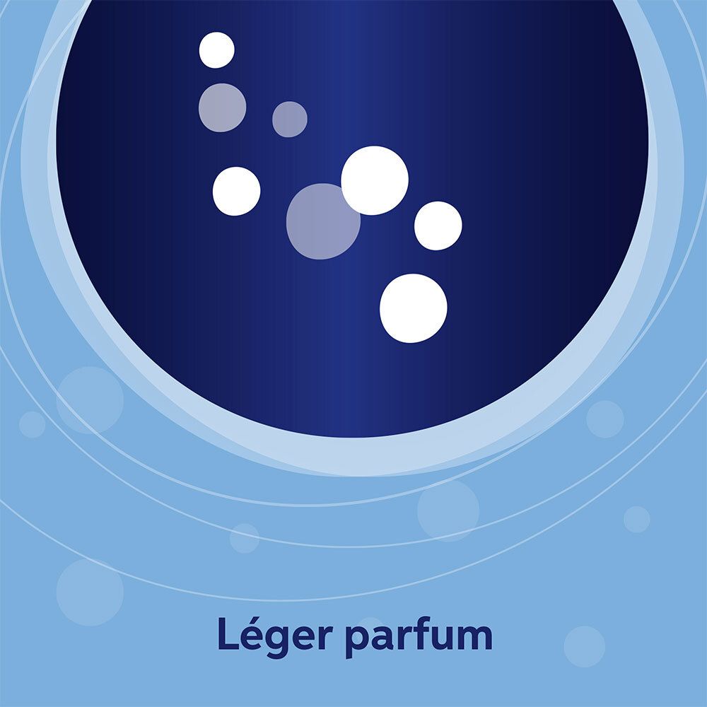 Afbeelding met witte cirkels. Tekst: Lichte geur. Blauwe achtergrond met cirkels.