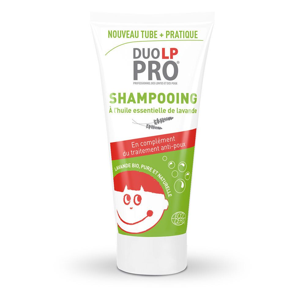 Witte en groene tube met rode streep. Opschrift: DUO LP PRO, Shampooing, à l'huile essentielle de lavande. Illustratie van een kind.