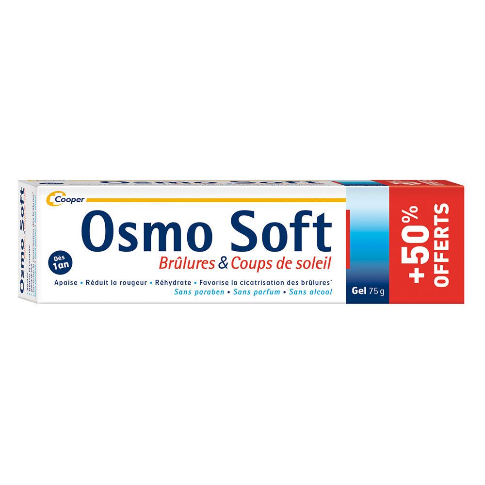 Osmo Soft gel tube. Opschrift: Brûlures & Coups de soleil. Met +50% aanbieding. Bevat 75g gel.