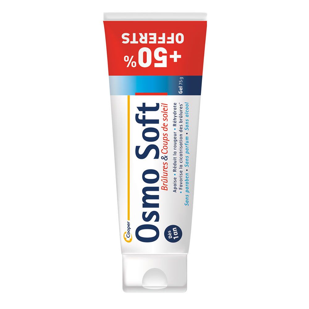 Osmo Soft gel tube. Opschrift: Brûlures & Coups de soleil. Met +50% aanbieding. Bevat 75g gel.
