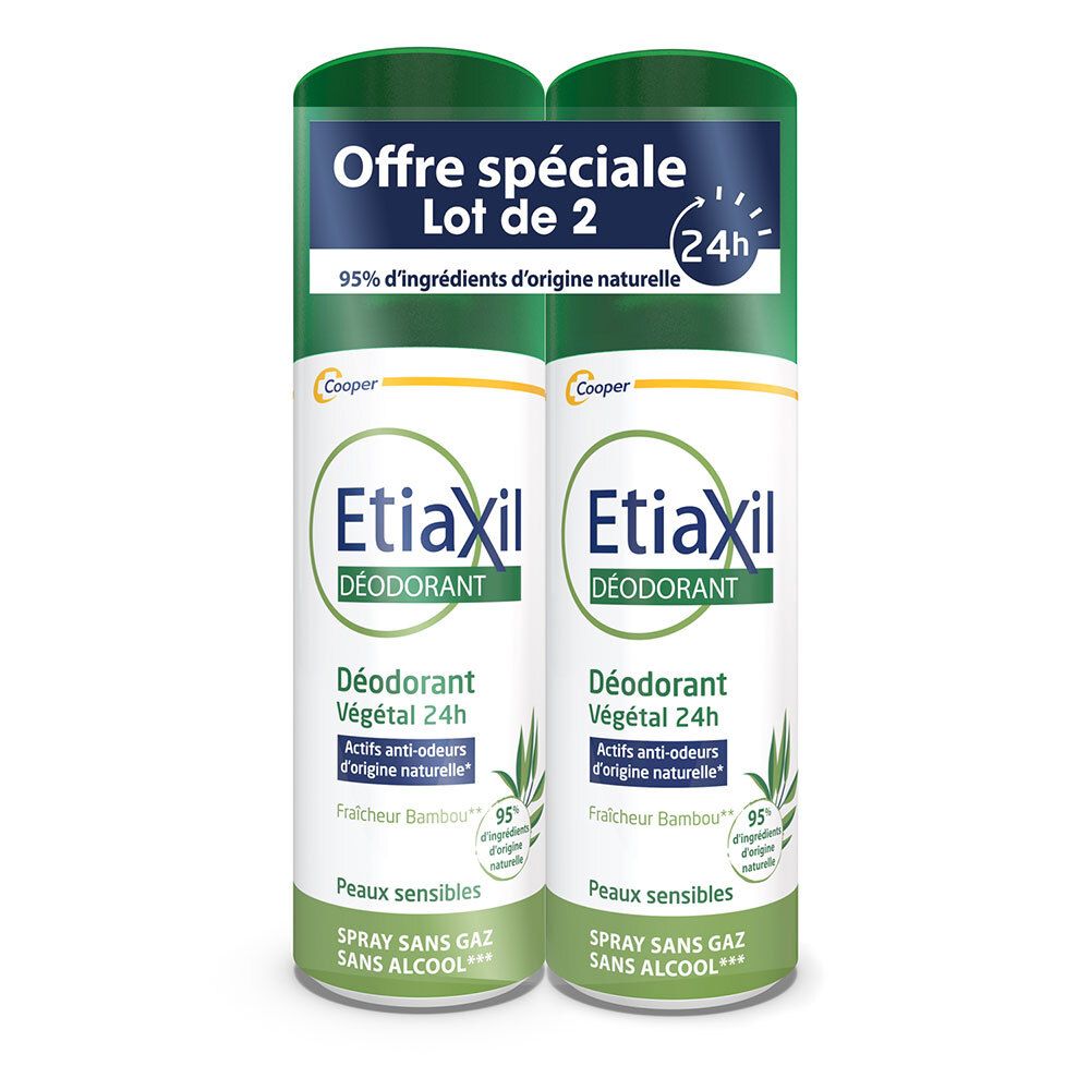 Twee Etiaxil deodorant sprays. Groen-witte flessen. Opschrift: Déodorant Végétal 24h. Speciale aanbieding.