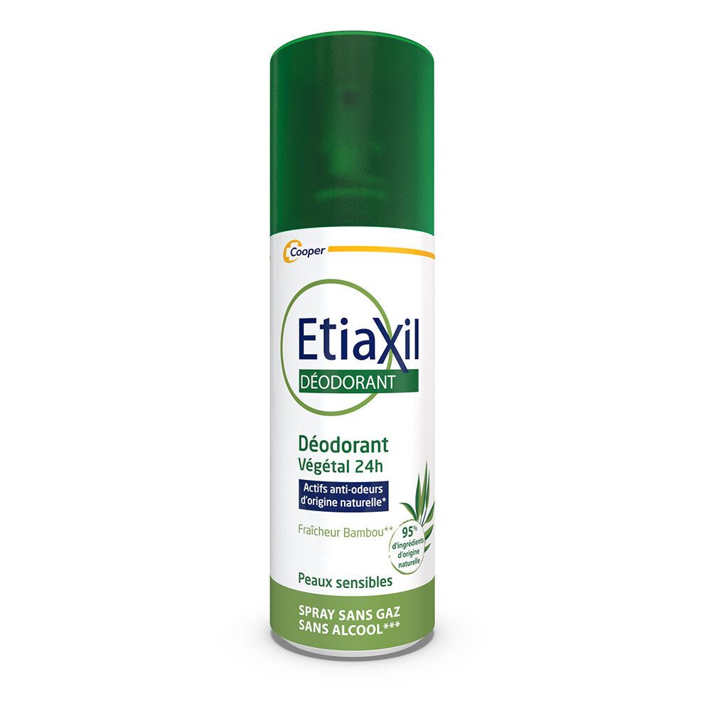 Etiaxil deodorant spray. Witte fles met groene dop. Opschrift: Déodorant Végétal 24h.
