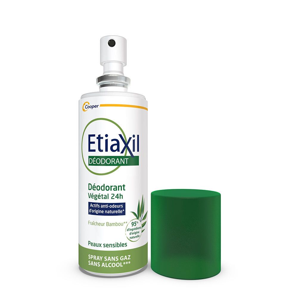 Etiaxil deodorant spray met dop eraf. Witte fles, groene dop. Spuitkop zichtbaar.