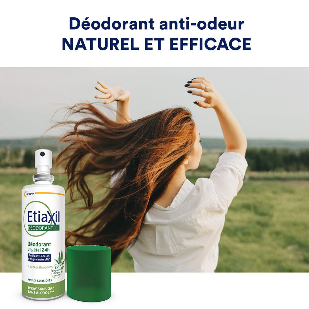 Vrouw met deodorant spray. Fles en groene dop ernaast. Tekst: Déodorant anti-odeur naturel et efficace.