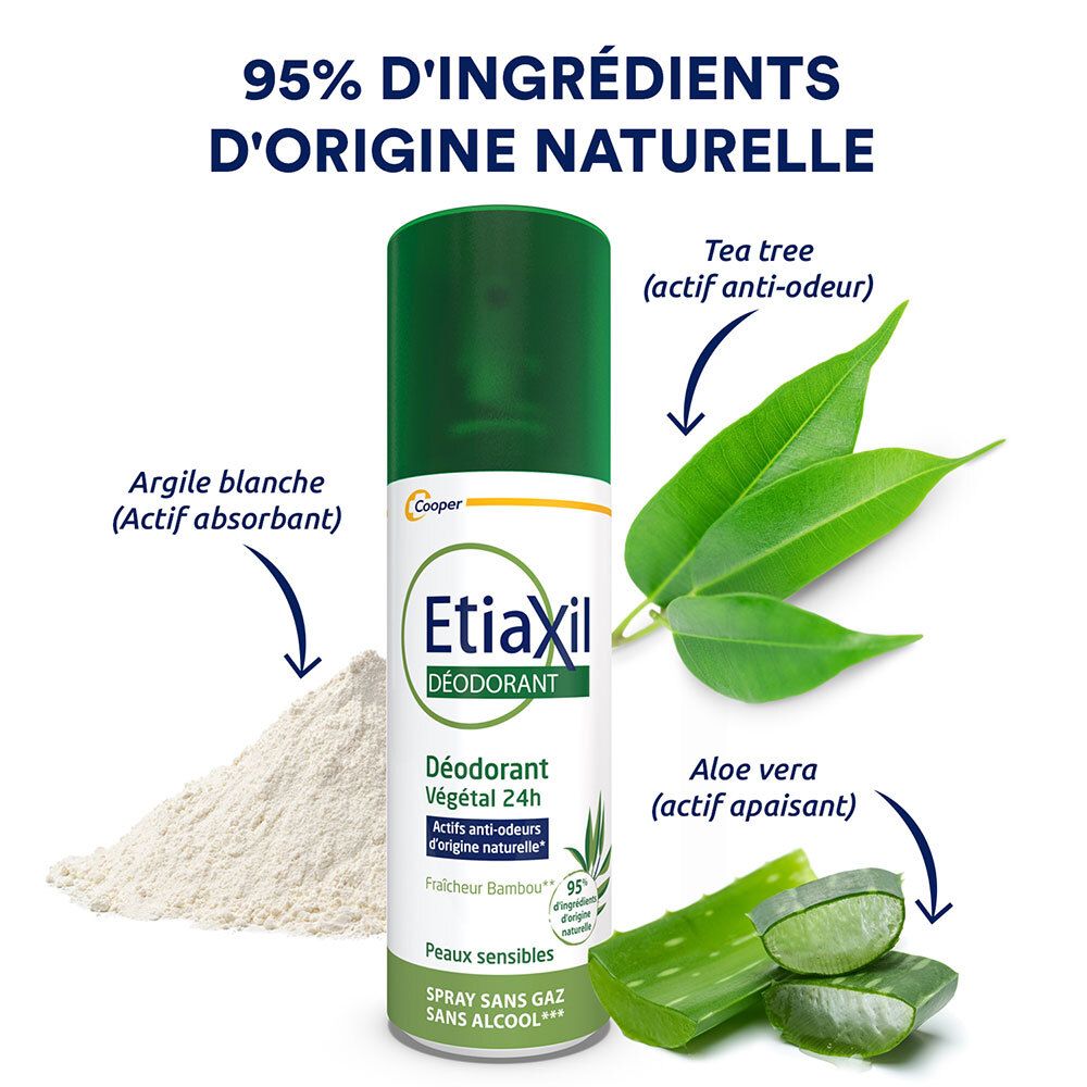 Etiaxil deodorant spray met ingrediënten. Aloë vera, tea tree, witte klei. Tekst: 95% natuurlijk.