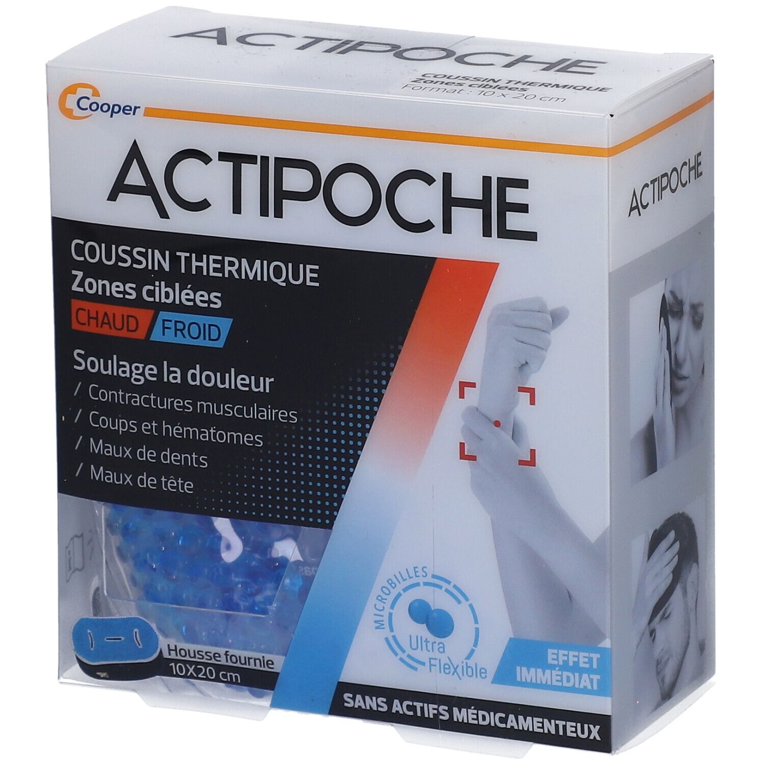 Boîte ACTIPOCHE. Coussin thermique pour zones ciblées. Chaud/froid. Dimensions 10x20 cm. Housse fournie. Sans actifs médicamenteux.
