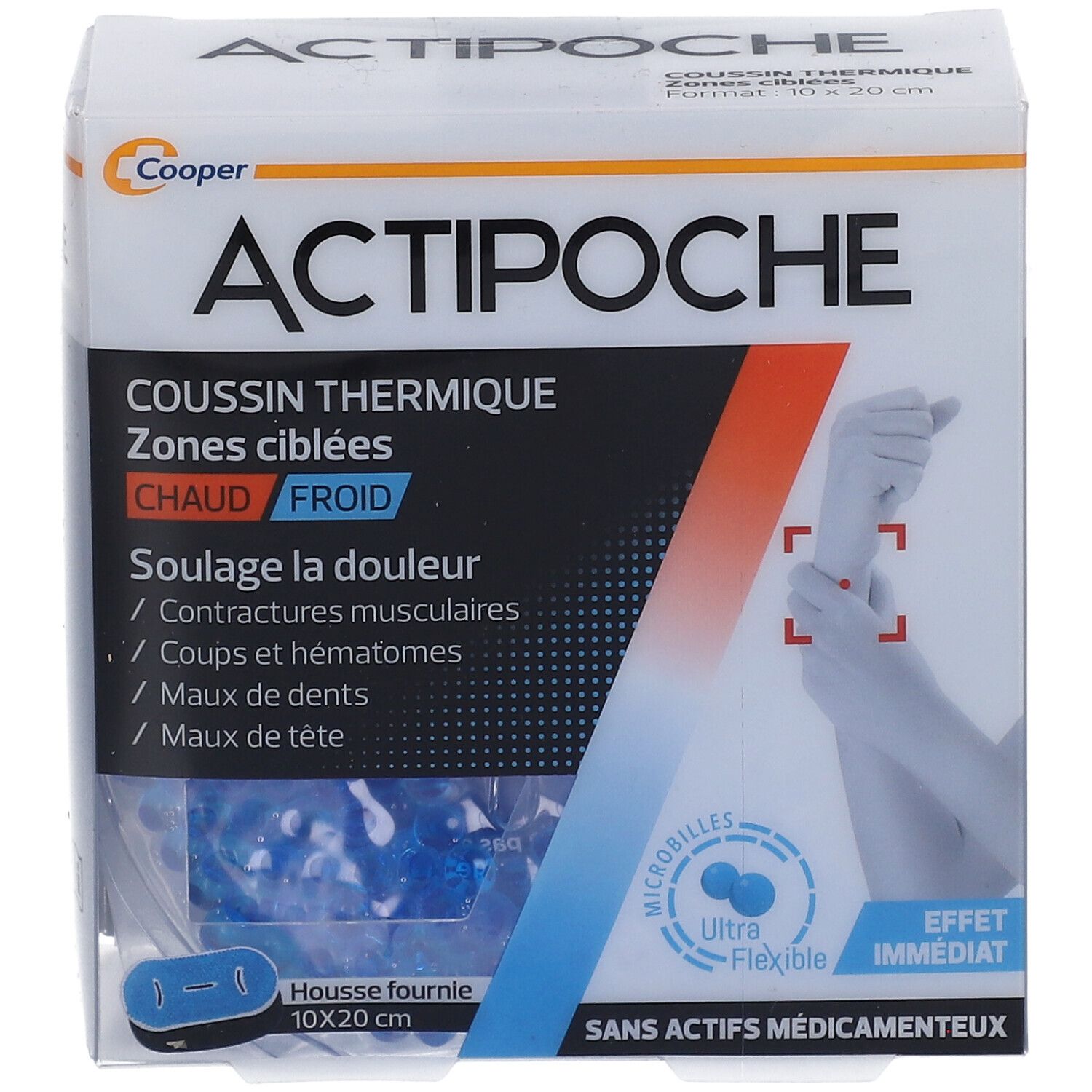 Boîte ACTIPOCHE. Coussin thermique pour zones ciblées. Chaud/froid. Dimensions 10x20 cm. Housse fournie. Sans actifs médicamenteux.