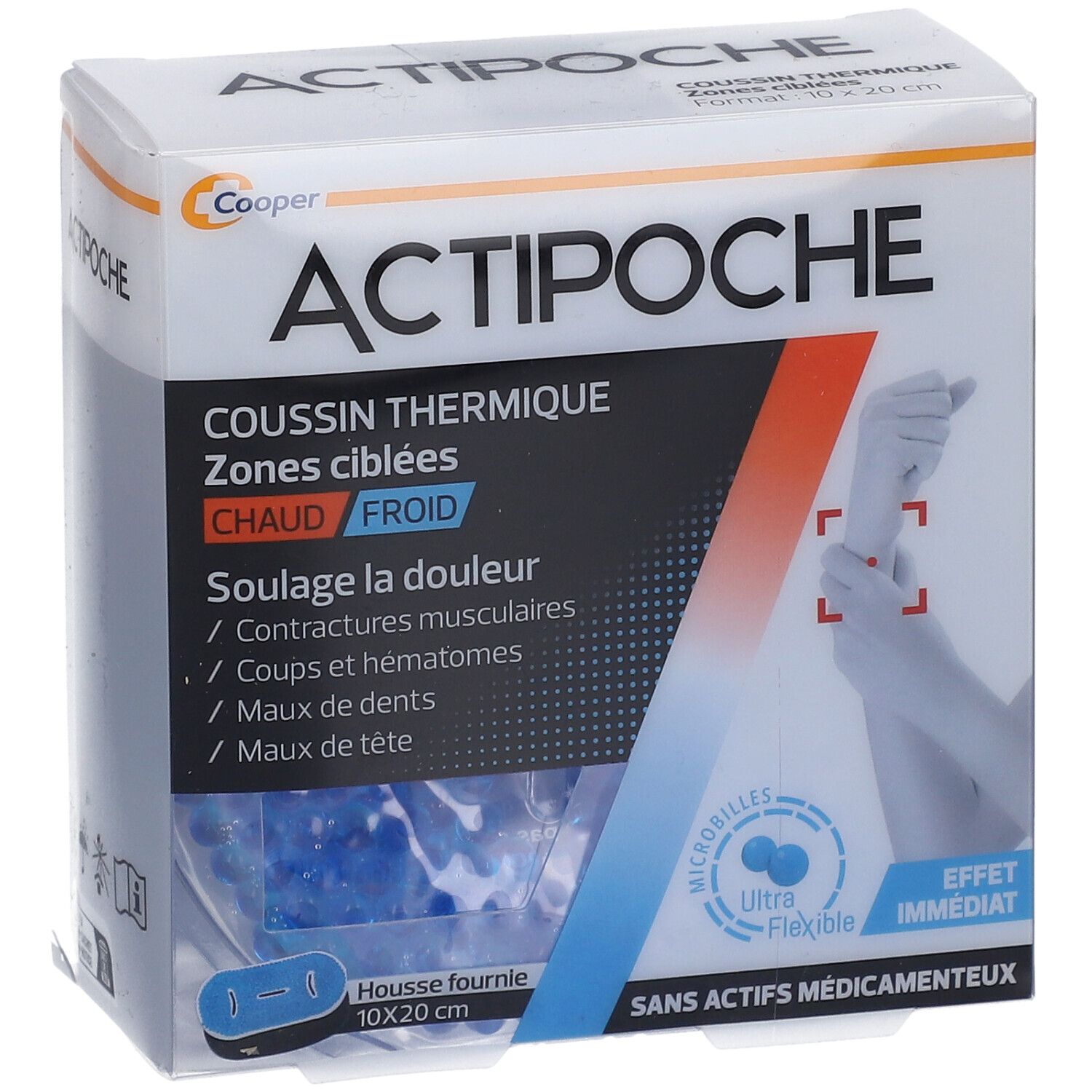 Boîte ACTIPOCHE. Coussin thermique pour zones ciblées. Chaud/froid. Dimensions 10x20 cm. Housse fournie. Sans actifs médicamenteux.