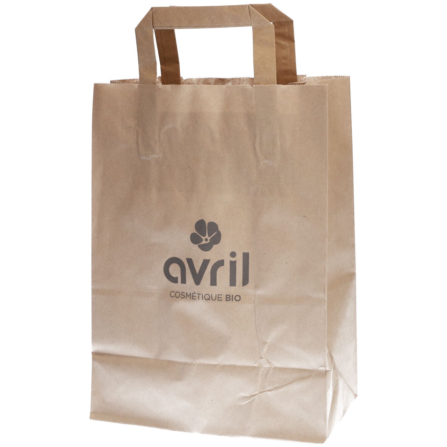Bruine papieren draagtas met handvatten. Bedrukt met logo en tekst "avril COSMETIQUE BIO".