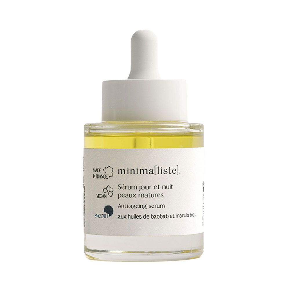 Serumfles met pipet. Opschrift: minima[liste]. Sérum jour et nuit peaux matures. Vegan.