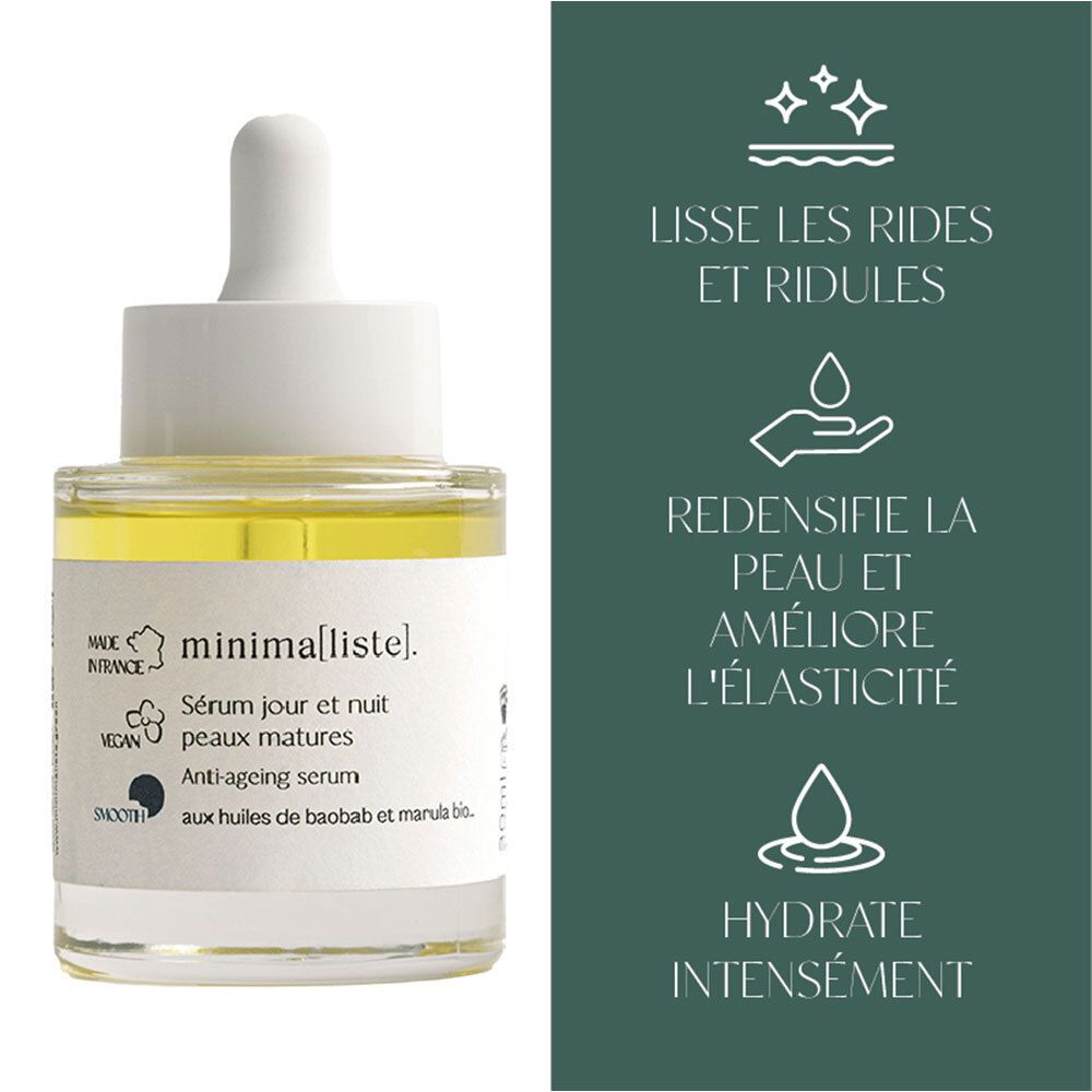 Serumfles met pipet. Tekst: minima[liste]. Sérum jour et nuit peaux matures. Anti-aging. Vegan.