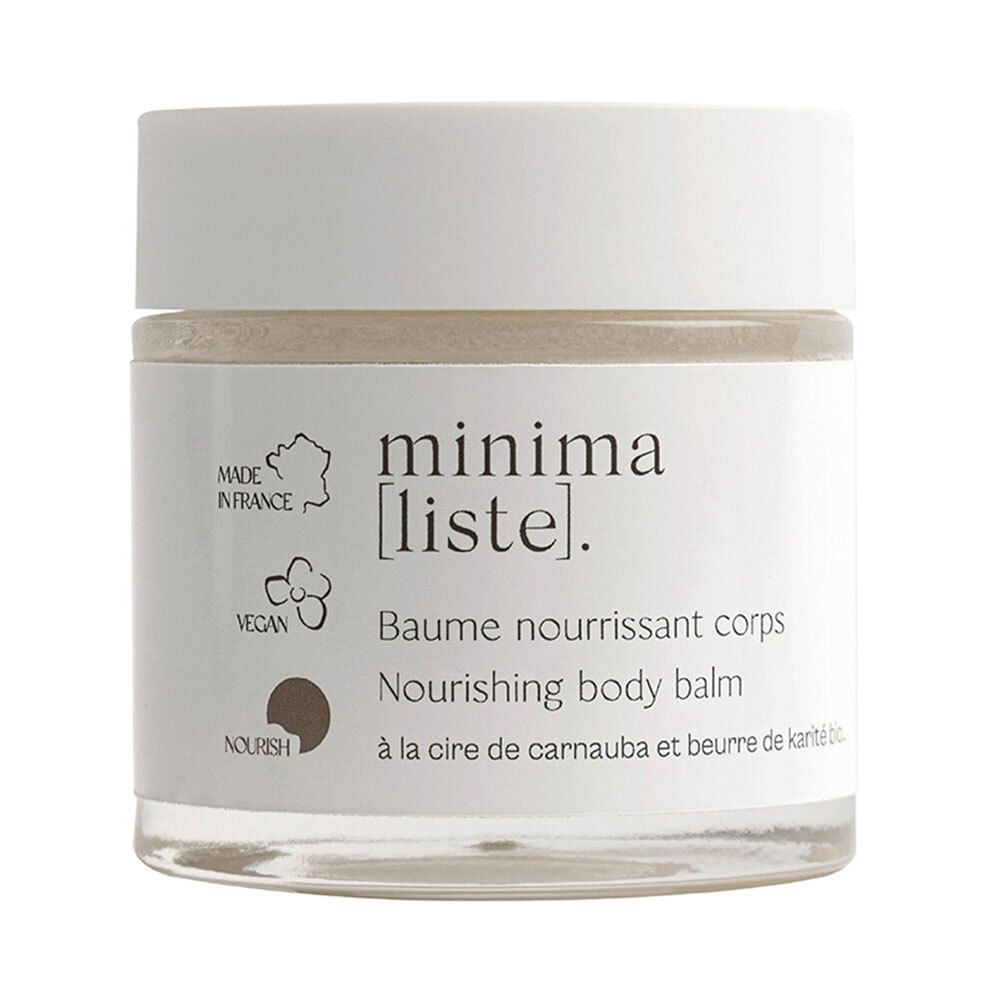 Pot en verre avec couvercle blanc. Inscription: minima[liste]. Baume nourrissant corps. Vegan, Made in France. Cercle marron.