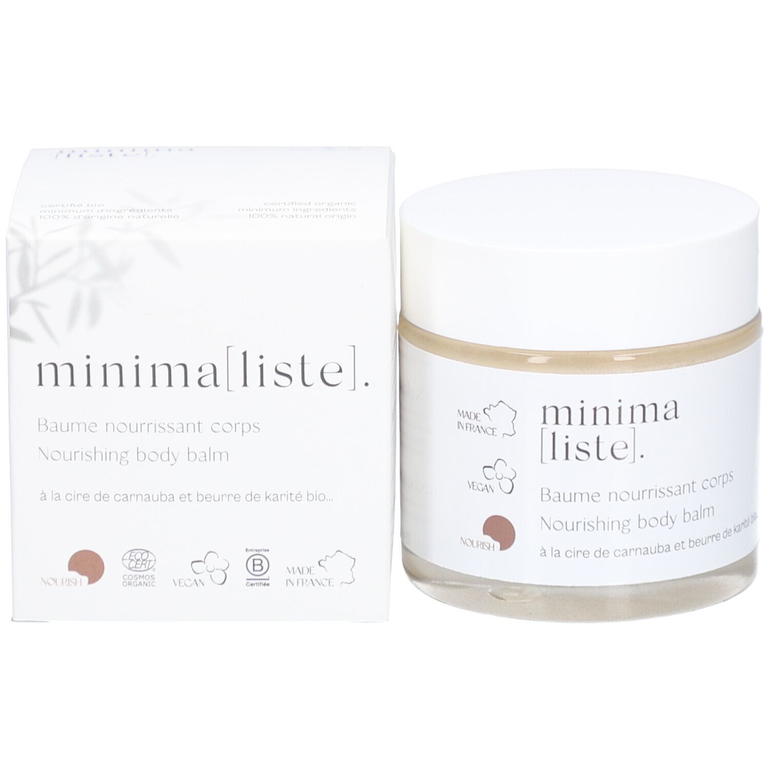 Pot avec couvercle blanc et carton. Inscription: minima[liste]. Baume nourrissant corps. Vegan, Made in France. Cercle marron. Certification bio.