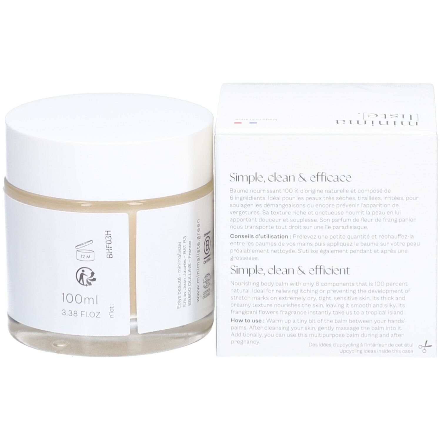 Pot avec couvercle blanc et carton. Inscription: minima[liste]. Baume nourrissant corps. 100ml. Certifié COSMOS ORGANIC.