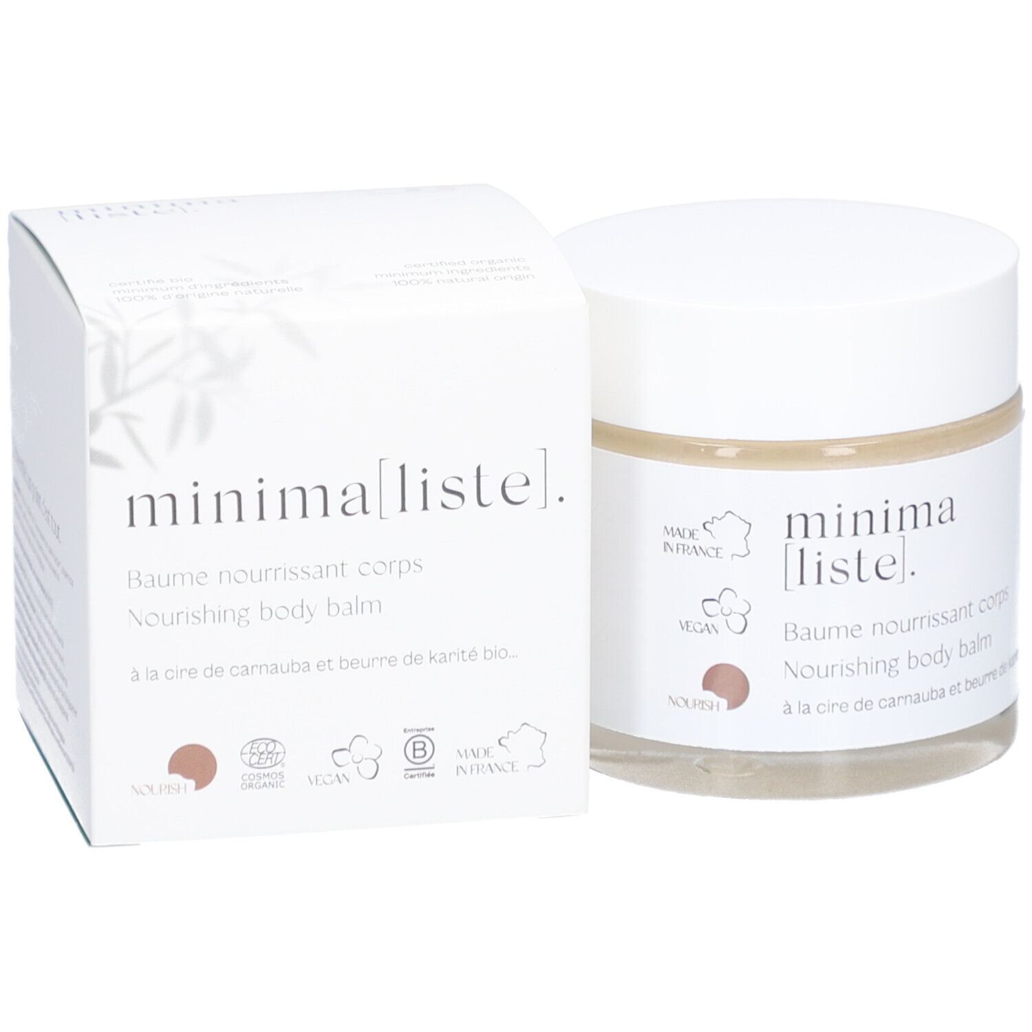 Pot avec couvercle blanc et carton. Inscription: minima[liste]. Baume nourrissant corps. Vegan, Made in France. Cercle marron. Certification bio.