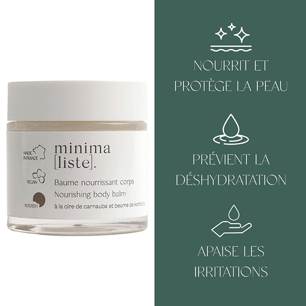 Pot en verre avec couvercle blanc. Inscription: minima[liste]. Baume nourrissant corps. Vegan, Made in France. Cercle marron. Texte: Nourrit et protège la peau.