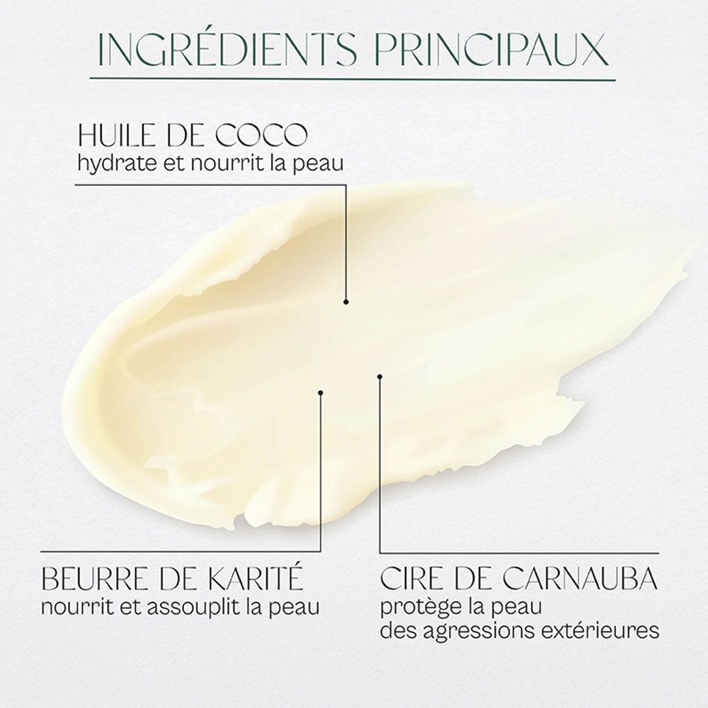 Gros plan d'une crème. Texte: Huile de coco, Beurre de karité, Cire de carnauba. Ingrédients principaux. Crème blanche.